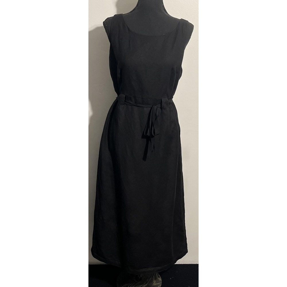 Lennie Nina Leonard Dress Womens 10 Black Sleeveless Belted Sheath Lined Linen